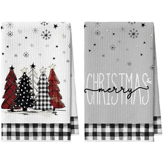 Artoid Mode Schwarz Weiß Büffelkaro Bäume Bar Weihnachten Küchentücher Geschirrtücher, 42x65 cm Mikrofaser Saugfähig Handtücher Küchen Deko 2er Set