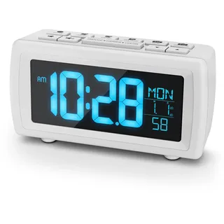Rizeola Digitaler Radiowecker, Wecker Radio mit 7-farbige Ziffernanzeige, Einstellbarer Helligkeit und Weckton, Für Tiefschläfer, Sleep Timer & Schlummerfunktion (Weiß)