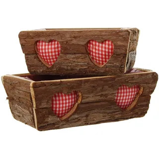 Herz Blumenkasten, Blumentopf eckig Pflanzkasten Pflanztopf "Rinde", im 2er Set mit Herz 24 x 13 x 10 cm, 30 x 18 x 12 cm