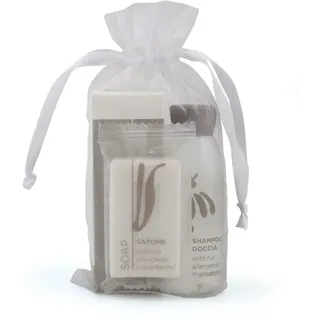 PRESENT-MORE - Hotel Gäste Set 15 Gäste Flower | Weißer Tee-Duft - Dusch-Shampoo, Seife und Haube - Für Hotel und B&B