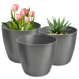 PECZEKO Blumentopf matt, 3er-Set blumenkübel, 20/25/30 cm Pflanzkübel aus Übertopf Kunststoff Topf für, groß und klein Pflanzen, 3er-Set blumenkübel kräutertopf, Graphit