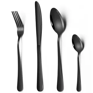 Schwarz Besteck Set, 24 teilig Edelstahl Essbesteck Set für 6 Personen, mit Messer Gabel Löffel, Tafelbesteck für Haus/Party/Restaurant, Spülmaschinenfest & Hochglanzpoliert