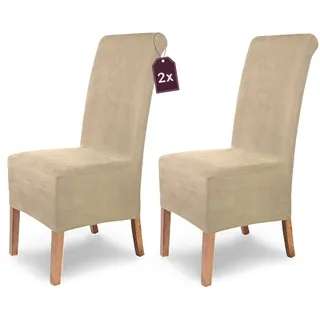 SCHEFFLER-Home Stuhlhussen 2er Set Leon Beige-Stein/elastische Wildleder Hussen für Stühle/Robustes Freischwinger Hussen Set/Stuhlhussen Stretch & Lederoptik/Stuhl Hussen waschbar