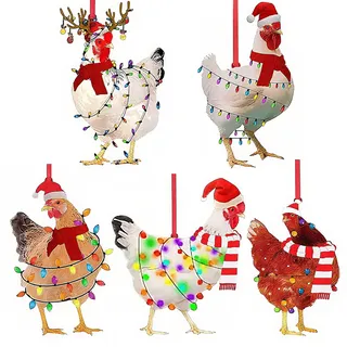 7 Stück Weihnachtsbaumschmuck, Acryl Kreativität Huhn mit Schal Anhänger, Christbaumschmuck Ausgefallen Anhänger, Lustiges Huhn Figur Christbaumschmuck, Christbaumkugeln Personalisiert