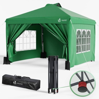 VOUNOT Pavillon 3x3m Wasserdicht Stabil Winterfest, Pop Up Faltpavillon mit 4 Seitenteilen und 3 Sandsäcke, Faltbar Partyzelt Gartenzelt Gartenpavillon inkl. Tasche, Grün