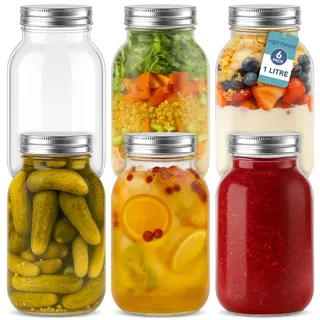 HEFTMAN Einmachgläser mit Schraubdeckel 1L - 6 Luftdicht Overnight Oats Gläser für Hausgemachte Marmelade - Große Gläser mit Deckel, Mason Jar, Sauerteig Glas, Meal Prep Glas