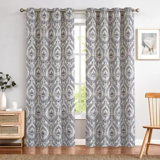 TOPICK Blau Blickdicht Vorhänge Wärmeisoliert Verdunkelungsvorhang mit Ösen Blumen Muster Vintage Leinenoptik Gardine Lichtdicht Thermovorhang für Wohnzimmer Schlafzimmer 2 Stück 130x245cm(BxH)