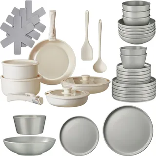 Tectake Küchenstarterset 40er Set Una/Genua, inklusive Küchenwerkzeugen, Topfschonern und anklemmbaren Griffen, grau/weiß , Grau, Grau, Weiß , Keramik , Rund , 27.5x13x44 cm , Geschirr, Geschirrsets