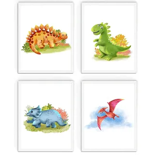 WIETRE® 4er Set Bilder Dinosaurier Kinderzimmer Babyzimmer Deko | Bild Junge Mädchen Poster DIN A4 | Dinos T-Rex Tiere (mit weiße Rahmen)