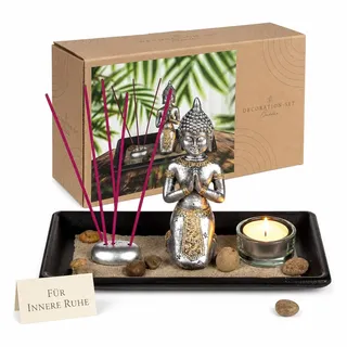 MIJOMA Meditations-Set: Buddha-Figur auf schwarzem Holz-Tablett, inkl. Teelichthalter, Räucherstäbchen, Dekosteine & Dekosand – Spirituelle Dekoration für innere Ruhe & Harmonie