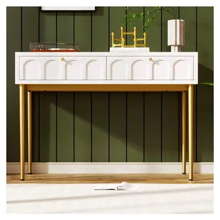 Schminktisch mit 2 Schubladen, weiß, Frisiertisch Kommode, Schlafzimmer Kosmetiktisch mit Stauraum, moderner Home-Office-Schreibtisch, goldene Metallbeine, für kleine Räume, 100x45x76,5cm - Weiß, Gold
