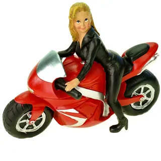 Kremers Schatzkiste Spardose Sexy Motorradfrau 21cm Handbemalte Polyresin Figur - Motorrad Geschenk - Geldgeschenk für Biker - Dekofigur 16x21x9cm - Lederoutfit