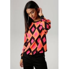 Bild von Shirtbluse mit unifarbenen Bündchen und Retro-Muster - NEUE KOLLEKTION Gr. 48, schwarz-orange-pink, , 21816119-48