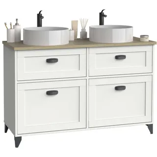 Muebles Pitarch | Doppelwaschtischmöbel, Breite 120 cm, mit Beinen, 2 Schubladen mit langsamer Schließung, 2 Türen, für Aufsatzwaschbecken, Weiß und Cambrian Eiche, Vintage-Stil, Modell Toscana