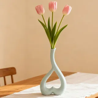 Arawat Keramik Vase Blau Herz Modern - Tulpenvase Blumenvase für Tisch, Wohnzimmer, Pampasgras - Nordische Vasen Aesthetic Deko - Hochzeit Geschenk 26 cm