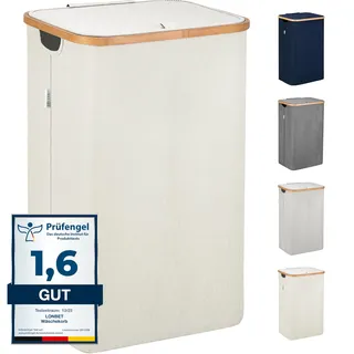 LONBET Wäschekorb mit Deckel 100L Groß - Stilvoller Wäschesammler Atmungsaktiv mit Stabilem Bambus-Rahmen - inklusive Herausnehmbarem Wäschesack Waschbar - Laundry Baskets Wasserdicht | Beige