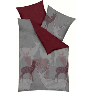 Bettwäsche KAEPPEL "Hirsche mit Wende", rot, B/L: 135cm x 200cm, 1 Stk., 1 Stk., Feinbiber, B/L: 80cm x 80cm, 2 Stk., Feinbiber, Obermaterial: 100% Baumwolle, Bettwäsche, Bettwäsche, Mit Hirsche