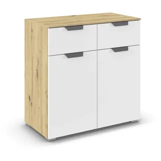 Rauch Möbel Aditio, Kommode für Schlafzimmer, Wohnzimmer, Kinderzimmer, Flur, 2-türig, 2 Schubladen, Soft-Close-Funktion, Sideboard im modernen Look, Farbe Weiß/Eiche Artisan, Holz, Breite 80 cm