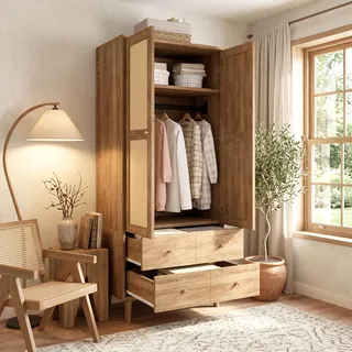 Merax Kleiderschrank mit Rattan-Design, dunkle Holzoptik, Kinderschrank mit Kleiderstange, Ablagefächer, 2 Schubladen, Garderobenschrank,Natur+Walnuss - Naturbelassen