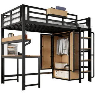 Okwish Hochbett 90/200cm schwarz/natur aus Eisen und MDF mit Schrank und Schreibtisch , Schwarz , Metall , 90x200 cm , Babymöbel & Kindermöbel, Kinderzimmer & Jugendzimmer, Kinderbetten, Hochbetten