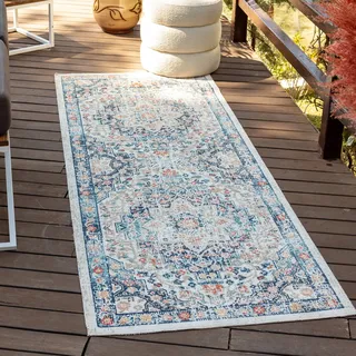 Livabliss Outdoor Teppich wetterfest, Assa - In und Outdoor Teppich für Balkon 80x220 cm, Terrasse, Garten, Küche - Outdoor Teppich Boho Style, Teppich für draußen - Teppich Blau, Beige, Rost