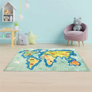 Bosdela Kinderteppich und Babyteppich Vielfältige Designvariationen, waschbar, rutschfest, weich, ideal für Kinderzimmer & Spielzimmer 100x160 cm Blaue Weltkarte