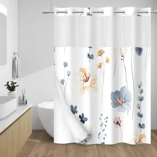 WITHLOC Duschvorhang ohne Haken mit Einrasteinsatz – Aquarell Floral Duschvorhang – Stoff wasserdichtes Innenfutter, Pflanzen Blau Beige Blumen Weiß Tuch Duschvorhänge waschbar, 180 x 188 cm