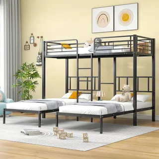 Etagenbett mit 3 Schlafgelegenheiten, Lattenrost, Leiter und Nachttisch, 90x200 cm, Metallbett mit Rausfallschutz - Schwarz