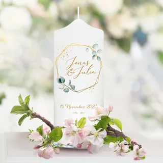 Wandtattoo Loft Weiße Hochzeitskerze Geburtstagskerze Rahmen Eukalyptusblätter personalisiertes Hochzeitsgeschenk anpassbar Kerze Wedding, Gästekerze 18 x 7 cm