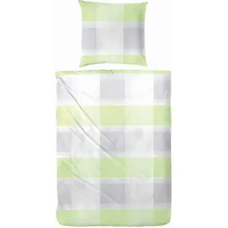 Hahn Baumwolle Seersucker Bettwäsche Grau Grün Kariert 155x220 cm + 80x80 cm - Grün
