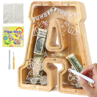 Lakpopya Personalisierte Kinder Spardose - Durchsichtig mit Buchstaben A-Z, Zielbereich & Aufkleber & Marker, Taufe Geschenk Dekoration