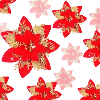 36 Stück Glitzer Künstlich Weihnachtsstern Blumen Weihnachten Poinsettie Künstlich Hochzeit Blumen Dekoration Weihnachtsbaum Ornamente mit Clips, 6 Zoll, 4 Zoll, 3 Zoll (Rot und Gold)
