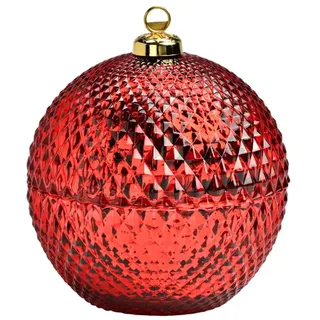 Dekohelden24 Edle Glaskugel, Gebäckdose, Aufbewahrungsbehälter, Glasschale, Baumkugeldose, Dekoschale, Glasbehälter als Weihnachtskugel mit goldenem Krönchen aus Glas in rot, L/B/H 15 x 13 x 13 cm.