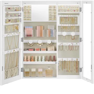 SONGMICS Schmuckschrank, Spiegelschrank, Glasfenster, Wandmontage, 10 x 60 x 80 cm, Innenspiegel, 3-in-1 Design, Badezimmer, Ankleidezimmer, Geschenkidee, weiß-greige JJC028W01