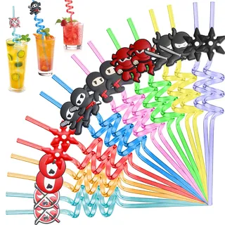 16 Stück Ninja Geburtstagsdeko Strohhalme, PVC Weiche Spirale Strohhalme Plastik für Kinder, Wiederverwendbare Bunte Party Strohhalm Plastik, Mitgebsel für Kindergeburtstag, Ninja-Themenfeiern