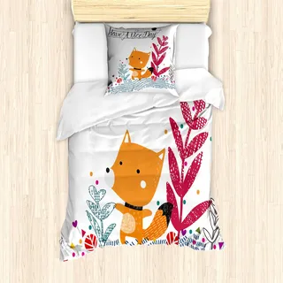 ABAKUHAUS Fuchs Bettbezug Set, Nettes kleines Fox-Charakter-buntes geometrisches Frühlings-Feld haben einen Nizza Tagestext-Punkte, 135 x 200 cm + 80 x 80 cm, Mehrfarbig