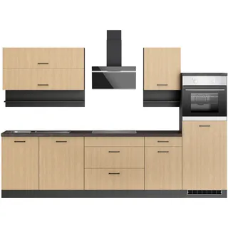 Küchenzeile KOCHSTATION "KS-Frieda Breite 300 cm", beige (küche: natur, front: eiche hell streifen, korpus: grafitgrau, arbeitsplatte: schwarz atelier), B:300cm H:200cm T:60cm, Komplettküchen-Sets, Küchenzeile, wahlweise mit E-Geräten, mit 38mm starker Arbeitsplatte