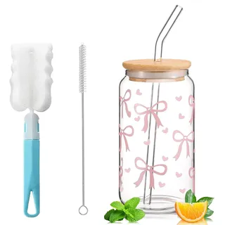 Exquilnova Trinkglas mit Strohhalm und Deckel, Bubble Tea Becher mit Glas Strohhalm, 16 oz Iced Coffee, Matcha Glas mit Bow Design, Cola Gläser für Eiskaffee, Cocktail (Schmetterling gscherzdruck)
