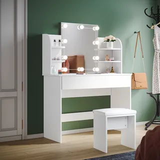 SONNI weiß schminktisch mit hocker und beleuchtung,mit Hocker, verstellbare Helligkeit 108x40x140cm - Weiß