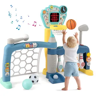 Costway FANTASK Basketballkorb 5-in-1 Sportständer mit Fußballtor Golf Bowling Baseball, Multisport Spielset mit Licht Sound für Kleinkind Indoor Outdoor