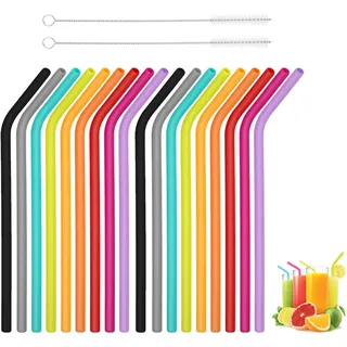 QSZHSL 18 Stück Silikon Strohhalme, mit 2 Strohhalm Reinigungsbürste, Wiederverwendbare Silikon Trinkhalme, Bunte Trinkhalme Für Kinder Erwachsene Party, für Cocktails, Säfte, Milchtee (18 Stück)