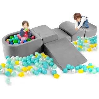 FANTASK 5 TLG. Kinder Softplay-Set, Schaumstoffbausteine mit Bällebad, Riesenbausteine zum Toben und Klettern, Schaumstoff Bausteine für Spielzimmer, Kinderzimmer (Grau)
