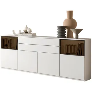 Venda Sideboard , Weiß , Glas, Holzwerkstoff , 5 Fächer , 2 Schublade(n) Schubladen , 180x85x40 cm , individuell planbar, Beimöbel erhältlich, in verschiedenen Holzdekoren erhältlich , Holzmöbel, Wohnwände Holz, Wohnwand Serien Holz