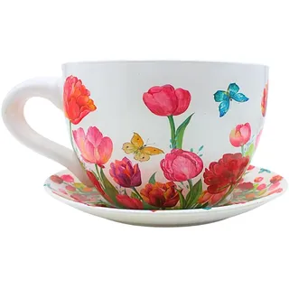 Dekohelden24 XXL Blumentopf, Pflanztasse, Pflanzkübel, Pflanzgefäß, Blumenkübel, Pflanztopf. Übertopf als Tasse mit Griff aus Keramik, Motiv: Tulpenmeer, L/B/H 34 x 28 x16 cm.