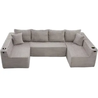 Oxeza Wohnlandschaft 320/155/88 cm Hellgrau mit Getränkehalter und Seitentasche , Textil , Mode , Rechteckig , 320x88x155 cm , Wohnzimmer, Sofas & Couches, Wohnlandschaften, Wohnlandschaften in U-Form