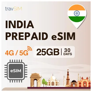 travSIM eSIM Indien | 25GB Mobile Daten mit 4G/5G Geschwindigkeiten für Indien – Voller Zugang zu Google, Facebook, Whatsapp & Mehr | Prepaid eSIM Indien plan mit 30 Tagen Gültigkeit