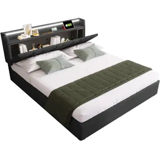 Stilvora Polsterbett 140/190 cm in Grau mit Stauraum-Kopfteil, Led, USB und Type-C Leinen , Textil , 140x190 cm , Schlafzimmer, Betten, Polsterbetten