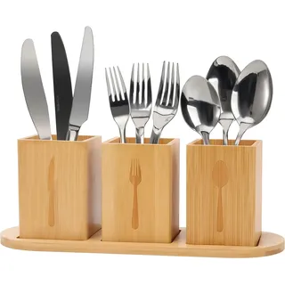 BigKing 3-teiliges Besteckkasten Holz Besteckhalter Holzbesteck Utensilienhalter Küchenutensilienhalter für Küche Besteckständer für Esstischdeko Besteckbehälter, mit Ablaufloch (Holzfarbe)