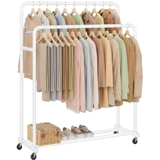 SONGMICS Kleiderständer, Kleiderstange auf Rollen, Garderobenständer, 2 Rollen mit Bremse, Schlafzimmer, bis 90 kg belastbar, 46,5 x 110 x 155,5 cm, mattweiß HSR017WG01