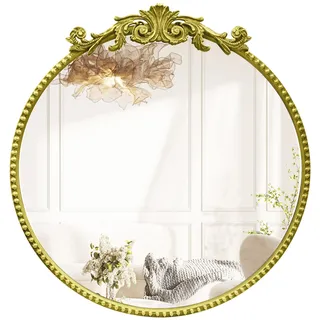 G-LEAF 50X50cm Gold Runder Barock Spiegel, 20 inch Antik HD Runder Wandspiegel mit Metallrahmen für Badezimmer, Waschtisch, Wohnzimmer, Schlafzimmer, Eingang Wanddekoration Heimdekoration